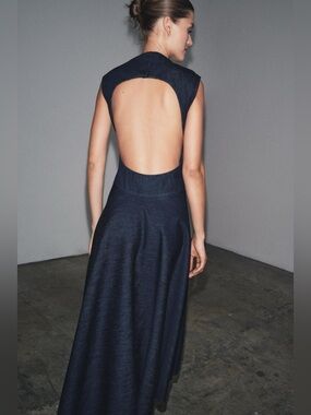 ZARA Denim Sleeveless Open Back A-Line Midi Dress. XS